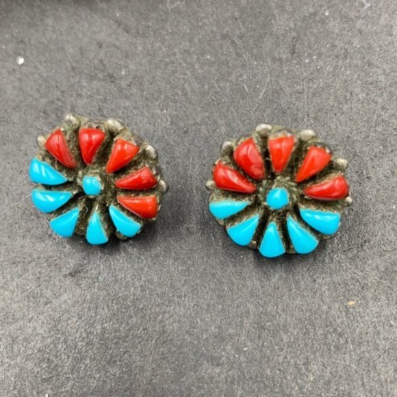 Vintage Zuni Sterling Turquoise Coral Pierced Earrings - Picture 3 of 5